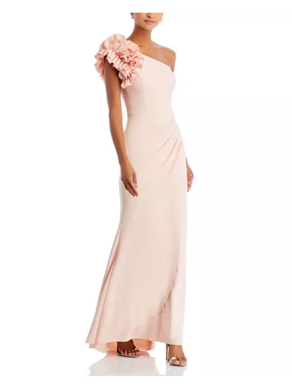 Xscape One-Shoulder Blush Pink Ruffle Maxi Dress